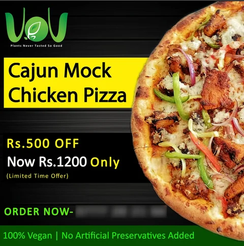 VoV Vegan Restaurant social post: Cajun mock chicken pizza